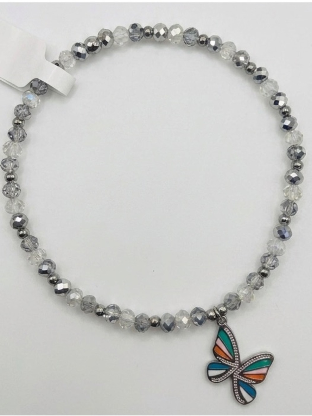 *ANKLET* S. Steel Silver Butterfly & Silver Crystal Stretchy Anklet - Picture 3 of 7